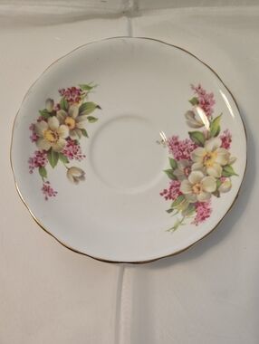 Vintage Clarence Bone China England Floral Saucer Gold Trim Pink Flowers